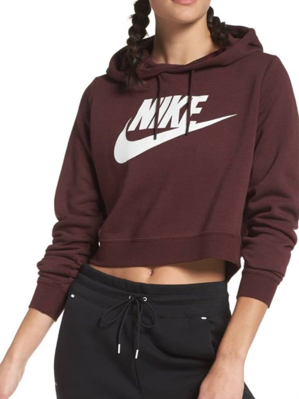 Nike Womens Burgundy Crop Pullover Hoodie Solid Logo Long Sleeve Size XS